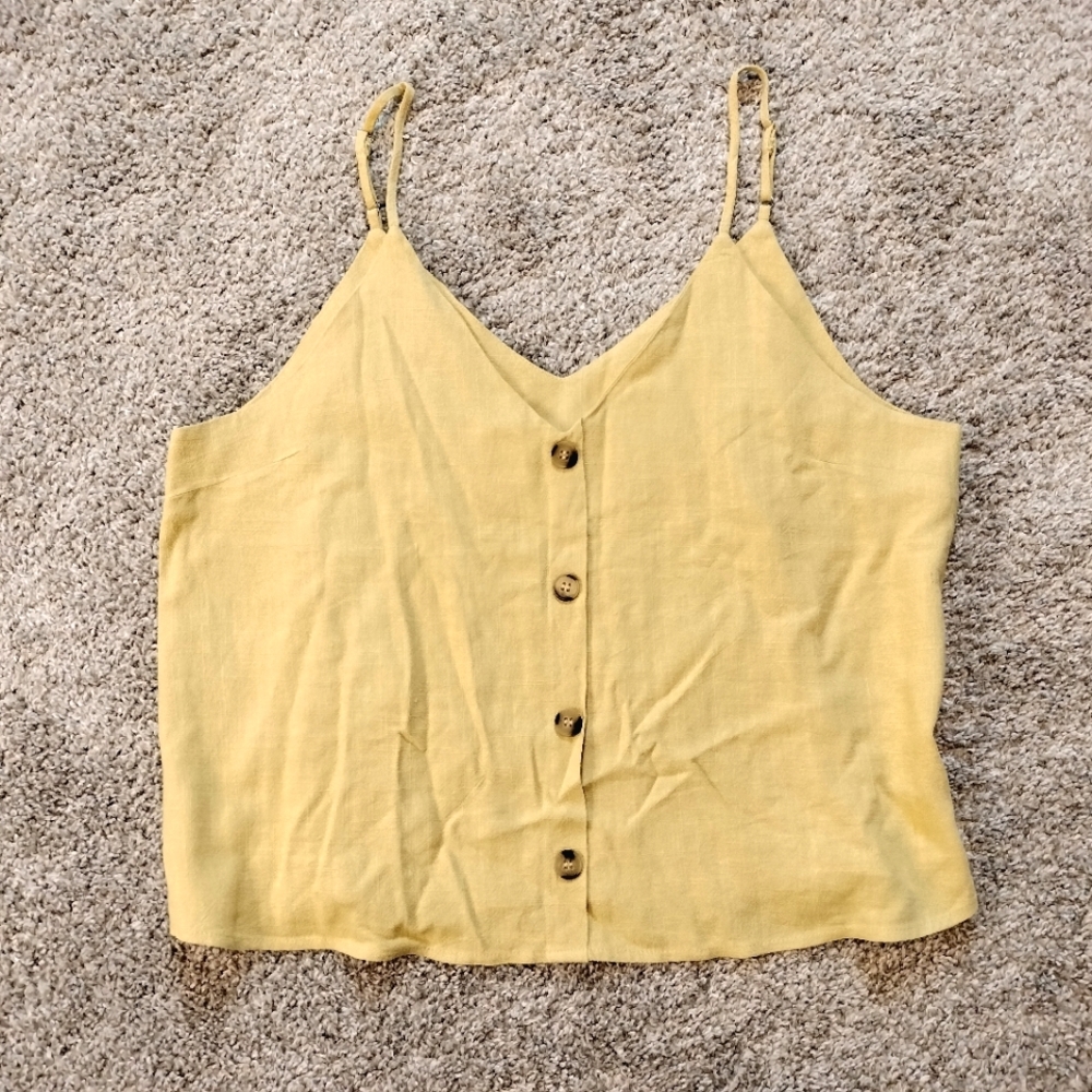 Yellow Linen Blend V Neck Button-Down Strappy Camisole Tank Top Sz XL